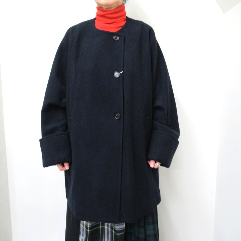 Michel Beaudouin  ウール100％ノーカラーハーフコート/NV3 【日本製】